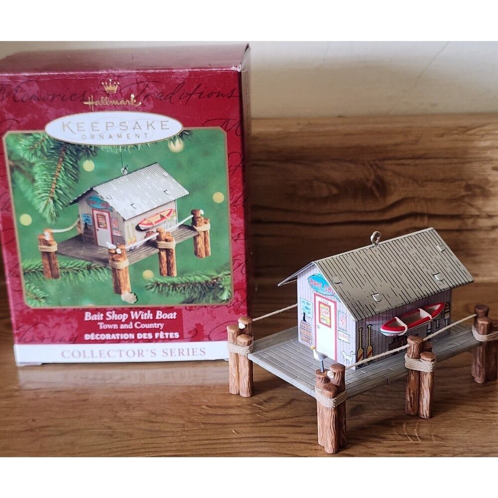 Fishing Ornament Bait Shop Boat Pressed Tin Keepsake Hallmark Christmas 2000